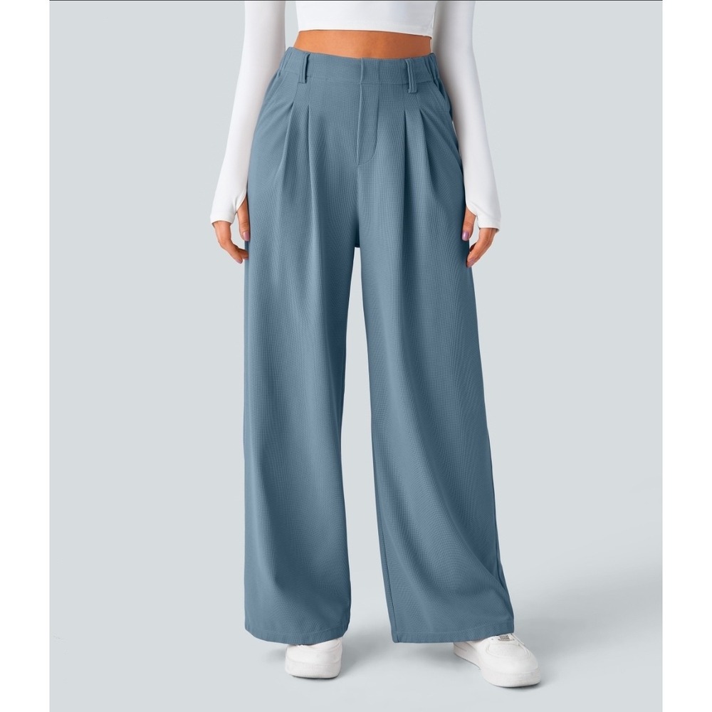 Halara Flex High Waisted Pocket Wide Leg Waffle Work Pants Blue Size Medium